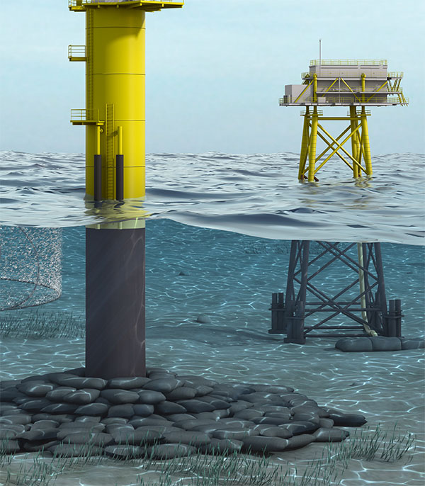 Grafik zum Einsatz von Basaltnetzen am Fundament von Osshore-Anlagen